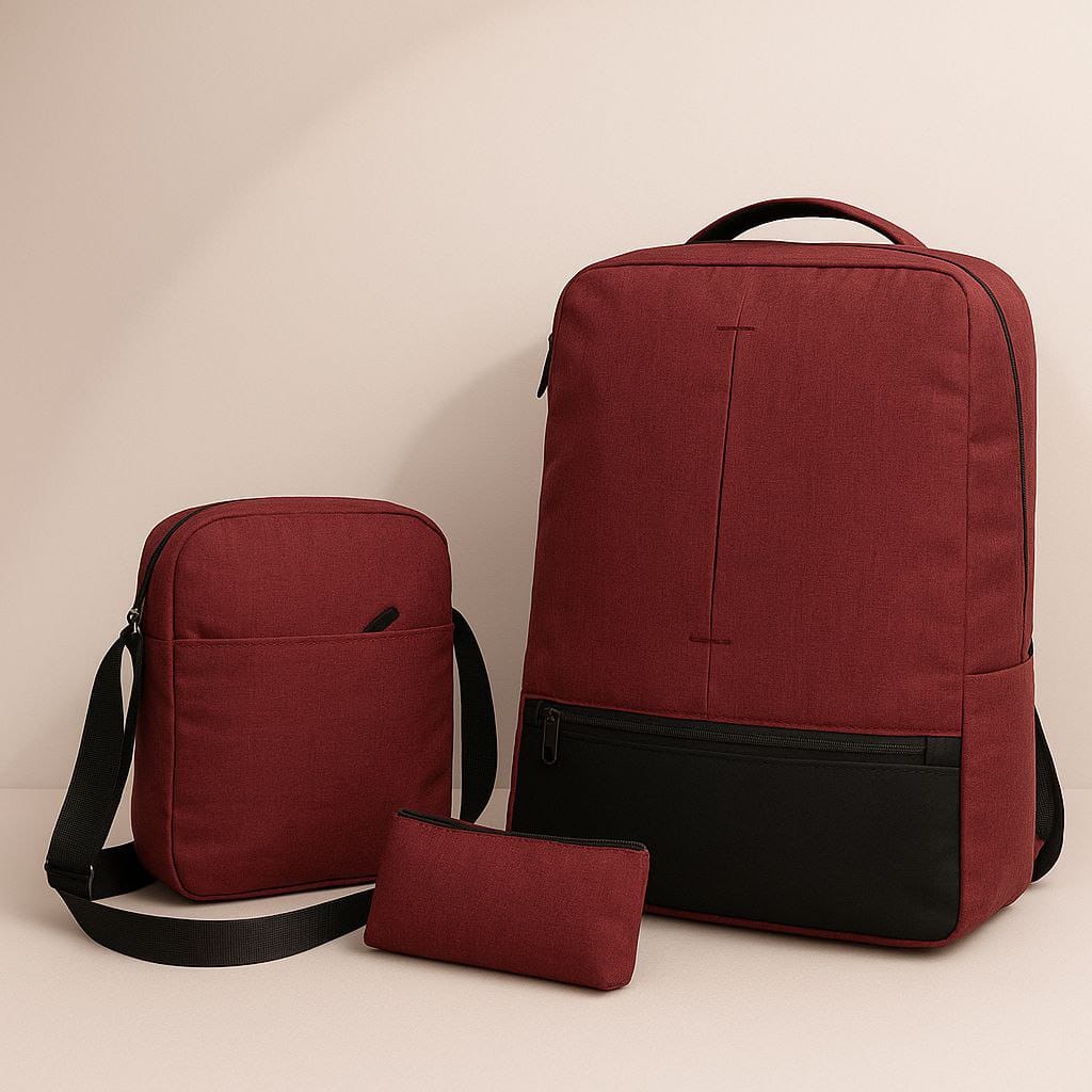 Burgundy Pack 3 en 1 Premium – Sac à dos, Sacoche & Trousse