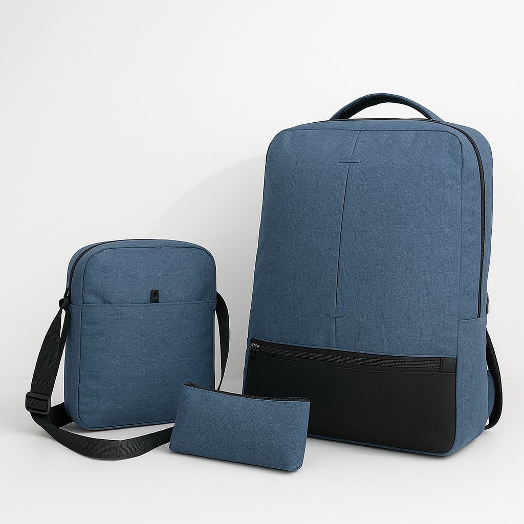 Steel Blue Pack 3 en 1 Premium – Sac à dos, Sacoche & Trousse